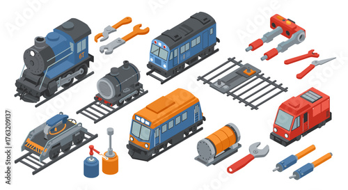 Isometric train set with locomotives and maintenance tools for repair and assembly