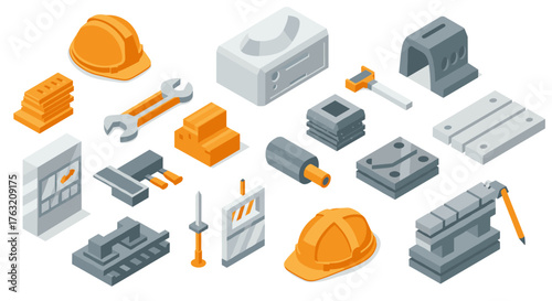 Industrial tools and equipment in isometric style with construction elements