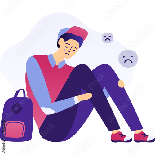 Foto Sad Young Boy Wearing Blue Shirt Red Vest Blue Pants and Red Cap Sitting on Floo