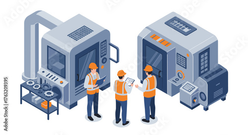 Modern isometric factory scene with engineers and industrial machines working together