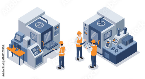 Industrial engineering concept with engineers and cnc machines in isometric style