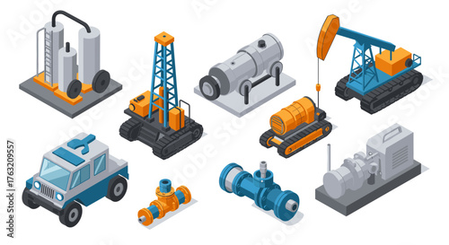 Isometric industrial machinery collection featuring oil pump, drilling rig, and refinery equipment
