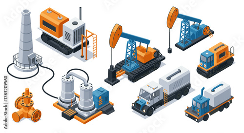 Isometric oil industry equipment and machinery set