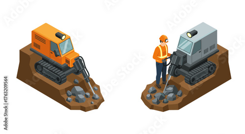 Isometric construction scene with excavator and worker operating heavy machinery