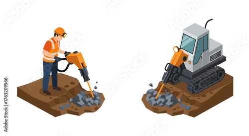 Isometric construction worker and excavator in action