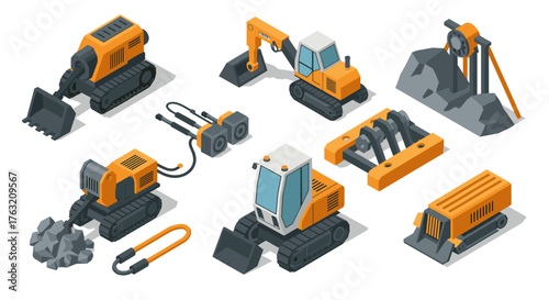 Isometric construction equipment collection: excavators, bulldozers, cranes, and more