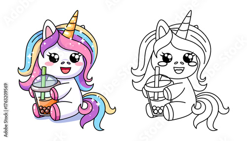 Cute kawaii unicorn with bubble tea. Black and white vector illustration for coloring book with example in color
