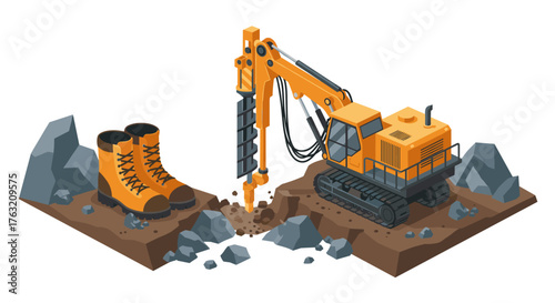 Isometric construction equipment with drill and boots on rocky terrain
