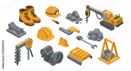 Isometric construction tools and equipment set with yellow machinery and protective gear
