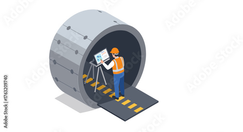 Engineer inspecting tunnel construction site in isometric design