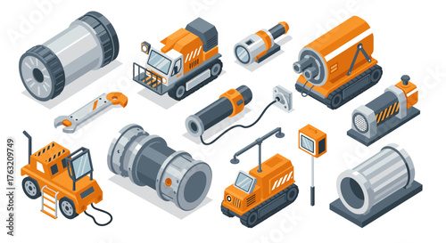 Isometric heavy machinery equipment in construction and industrial settings