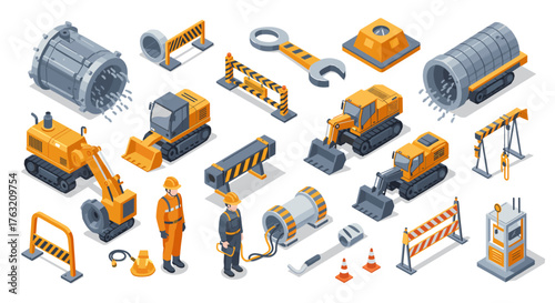 Isometric construction equipment and worker icons for industrial design projects