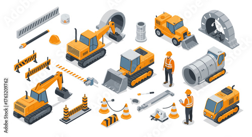 Construction equipment and workers in isometric style for industrial design projects