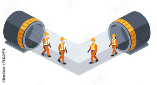 Isometric technology workers in orange uniforms and wind turbine components