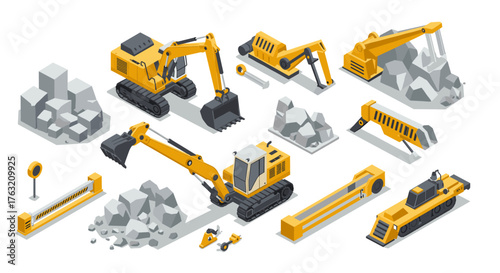 Heavy machinery isometric construction equipment with excavator and bulldozer