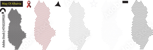 Abstract representation of albania map with geometric patterns and symbols isolated on white background
