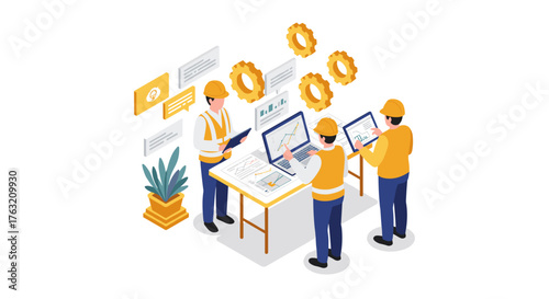 Construction team analyzing project data in modern isometric style office setting