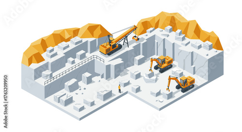 Isometric quarry scene with construction machinery and workers in action