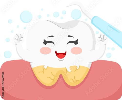 Happy Cartoon Tooth Getting Dental Cleaning