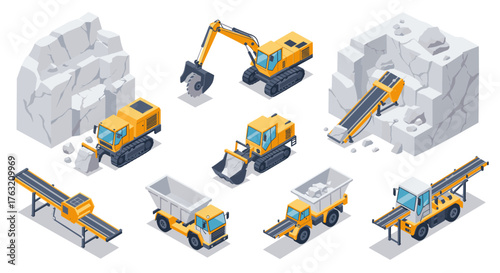 Construction machinery and equipment for quarry operations in isometric style