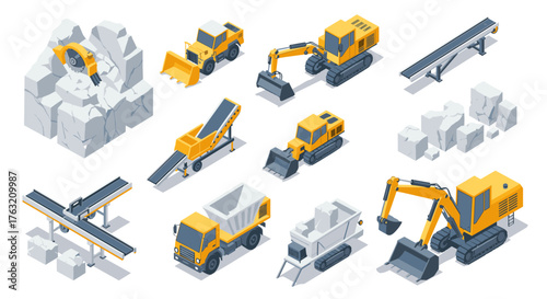 Construction machinery and equipment collection: isometric quarry and mining vehicles