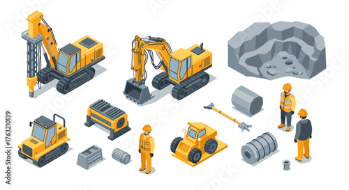 Construction equipment and workers in 3d isometric style on a worksite