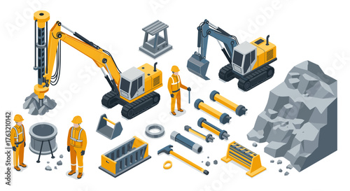 Isometric construction equipment and workers in modern industrial scene