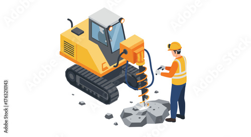 Construction worker operating heavy machinery with drill on site in an isometric style