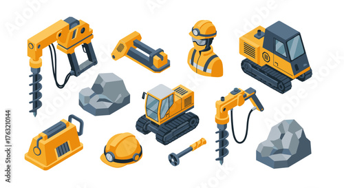 Isometric construction equipment icons: drill, bulldozer, hard hat, and rocks