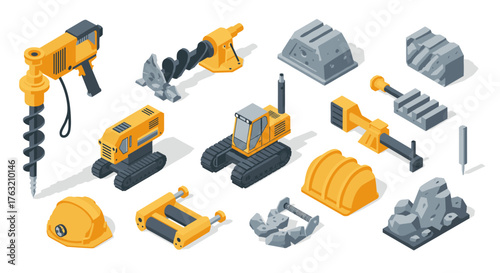 Isometric construction machinery and equipment icons set