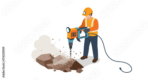 Isometric construction worker using jackhammer on rocky surface