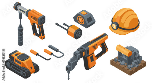 Isometric construction tools collection with drill and safety helmet
