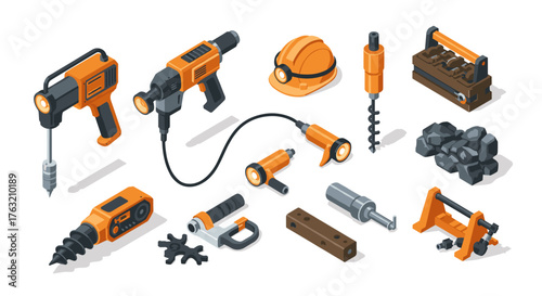 Isometric construction tools set with drill, hammer, and safety gear on white background