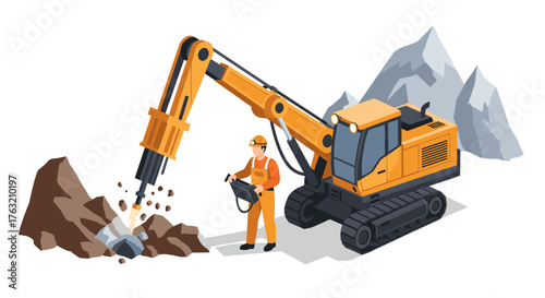 Isometric excavator and worker in quarry scene with rocky background