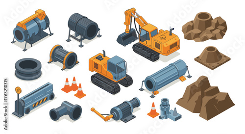 Isometric construction equipment and materials set with trucks and pipes