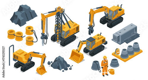 Construction equipment collection featuring excavators, drilling rig, and worker in isometric style