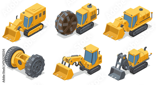 Isometric construction vehicles set with excavators and bulldozers in yellow