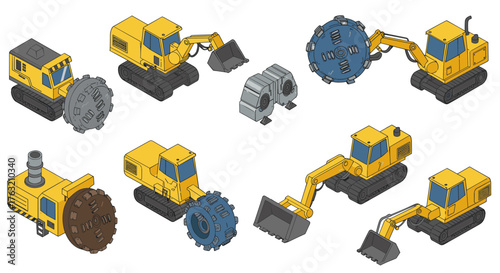 Isometric construction machinery set with excavators and heavy equipment