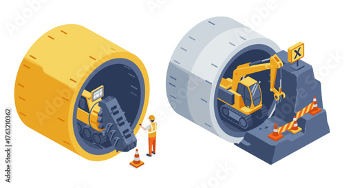 Isometric construction: tunnel drilling machines with excavator and worker