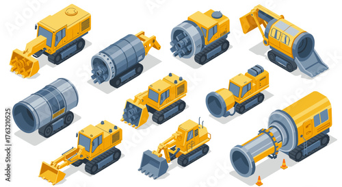Isometric yellow industrial machinery collection for construction projects