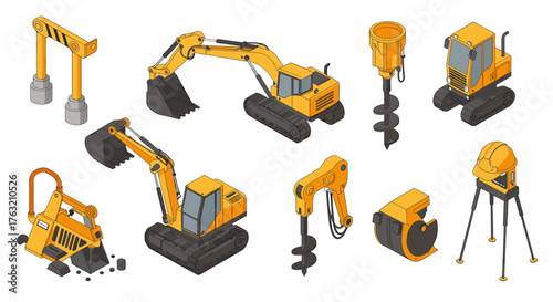 Isometric construction equipment set: excavator, drill, bulldozer, and more