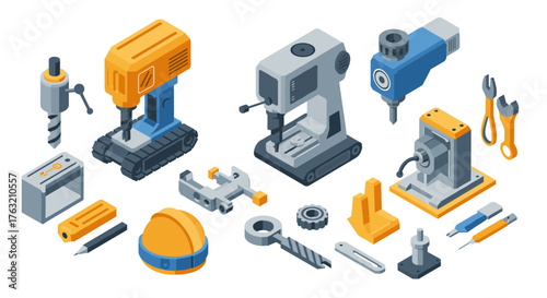 Isometric industrial tools and machinery set with detailed components