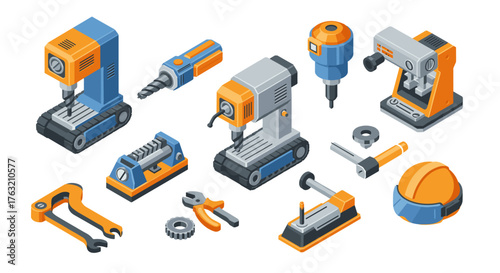 Industrial isometric workshop tools set in modern style