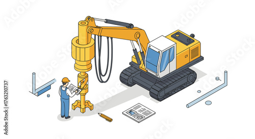 Construction equipment in isometric style featuring engineer and heavy machinery