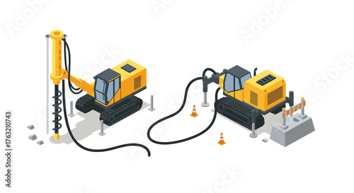 Isometric construction site with drilling machines and equipment