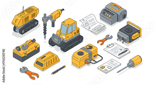 Construction equipment and tools isometric set with blueprint documents
