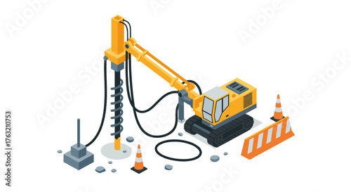 Isometric construction equipment with drill and safety cones on white background