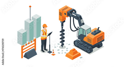 Construction site isometric scene with worker and heavy machinery