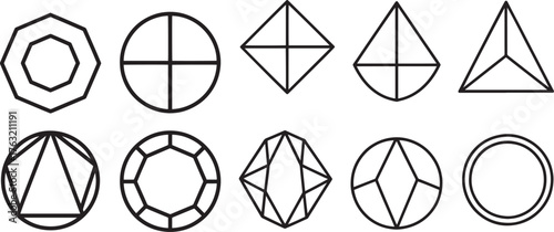 Geometric shapes and symbols in black outline vector