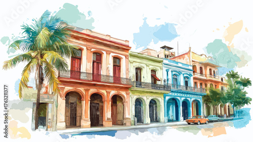 Havana Old Town. Havana Old Town hand drawn watercolor illustration